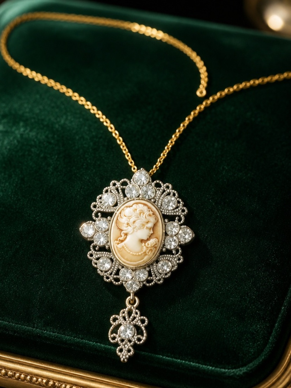 Vintage-Inspired Gold Cameo Pendant Necklace with Crystal Accents